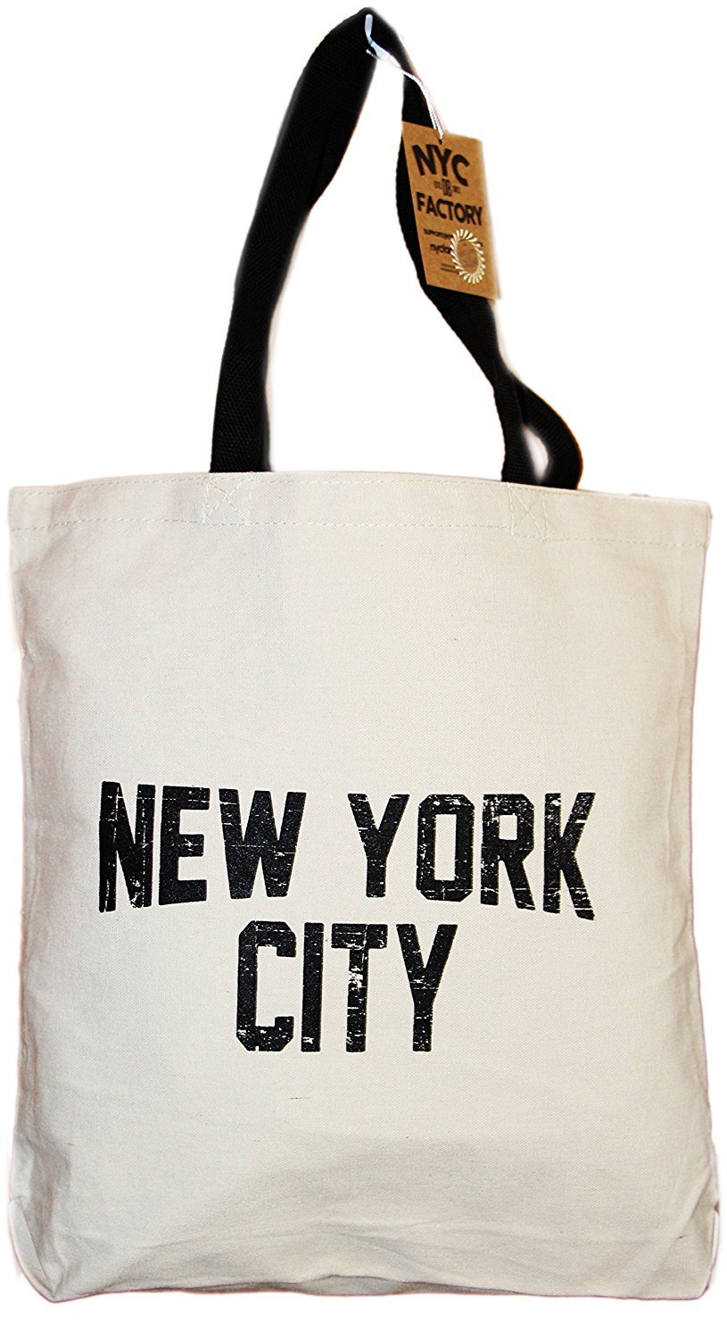 New York City Tote Bag Cotton Canvas (Distressed Design, Natural / Black Straps)