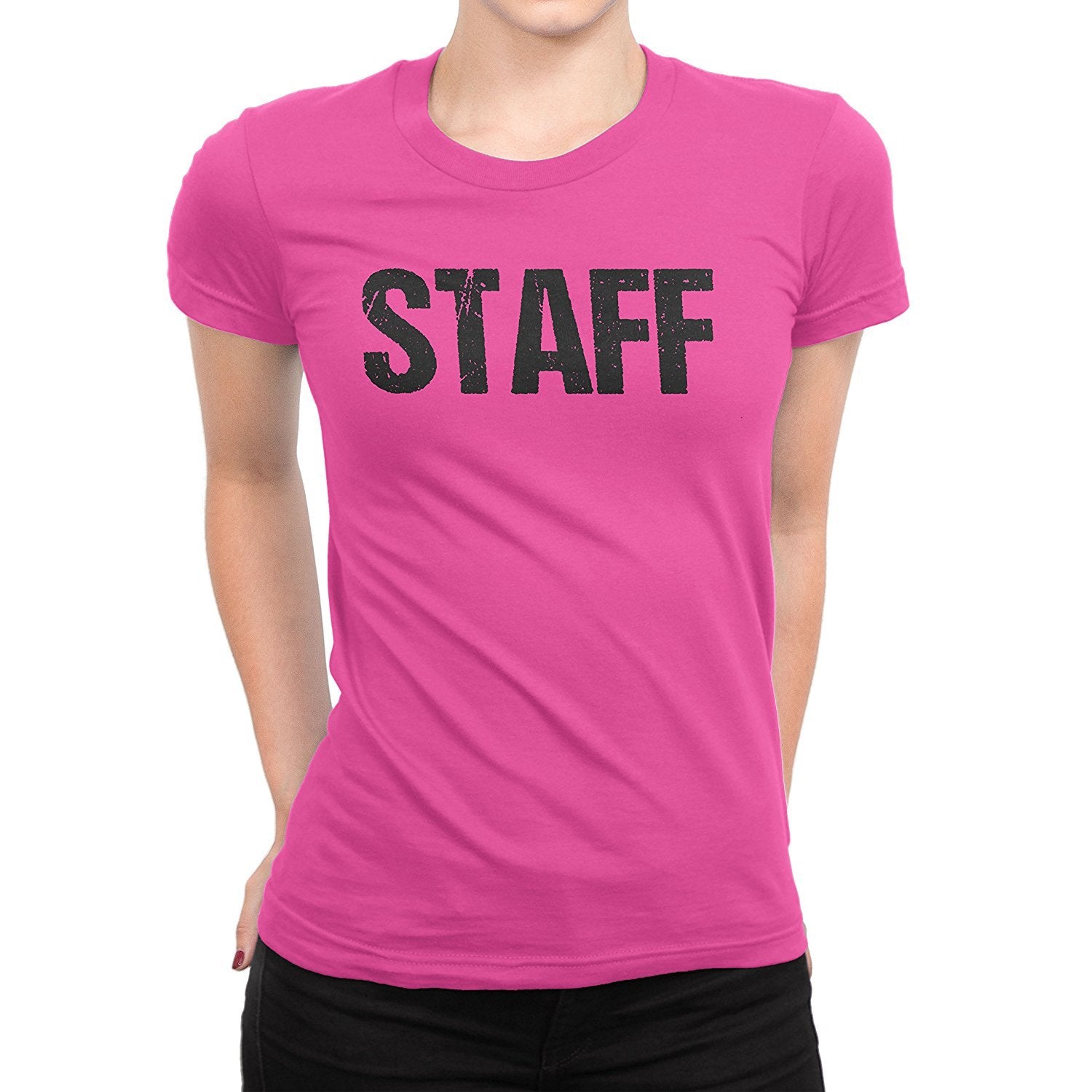 Staff Damen Kurzarm T-Shirt (Distressed Design, Pink &amp; Schwarz)