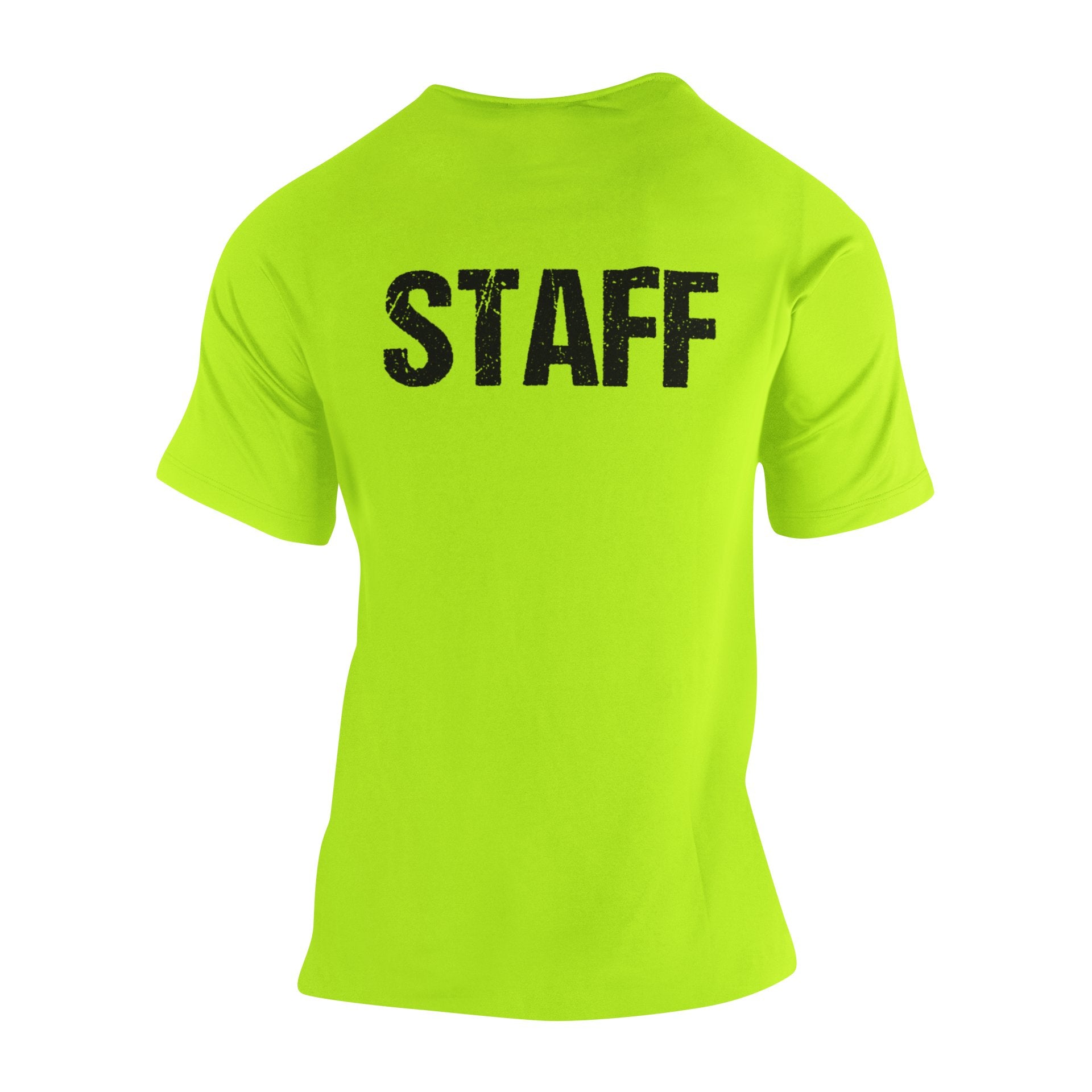 T-shirt du personnel pour hommes imprimé devant et dans le dos (motif vieilli, vert de sécurité / noir)